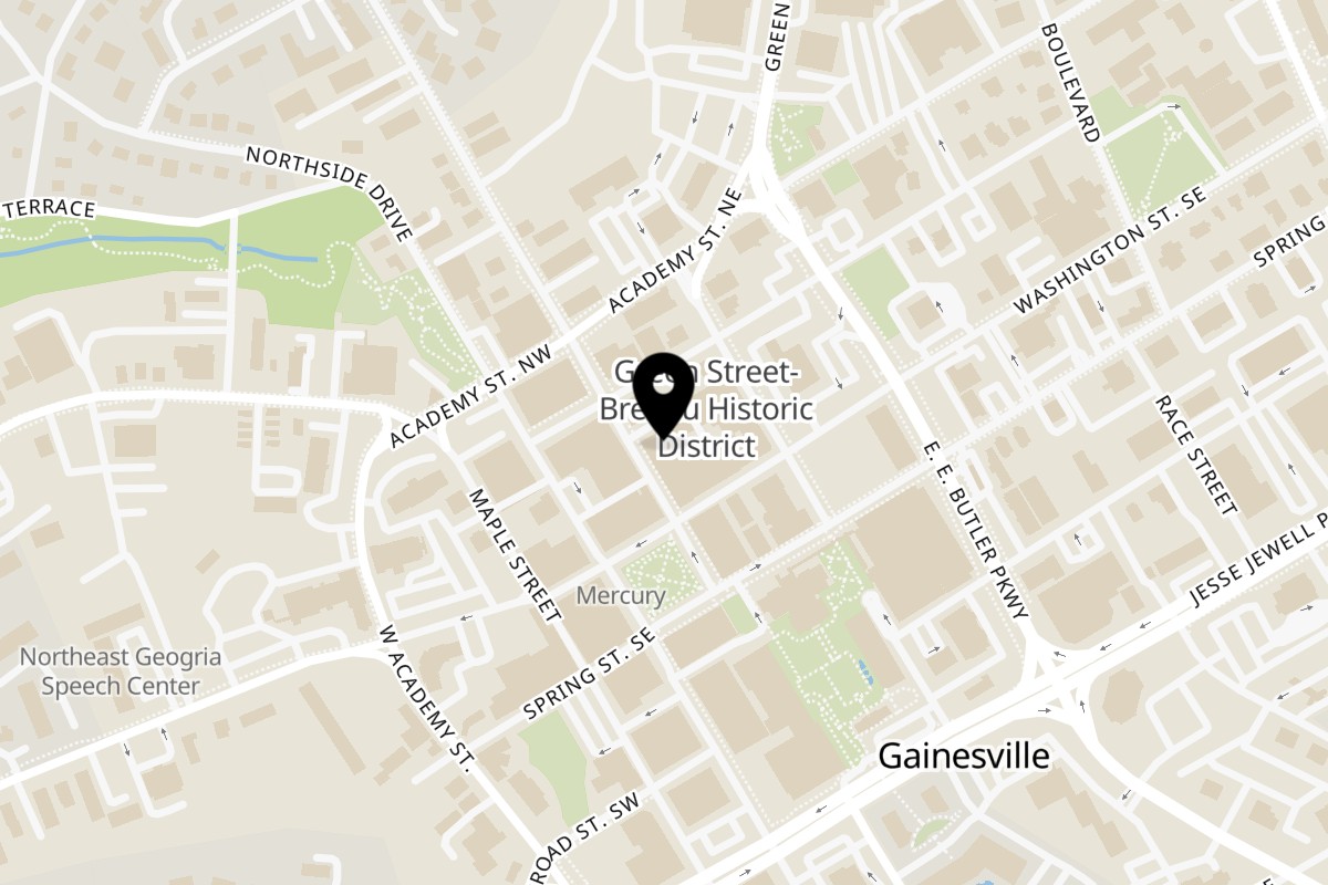 Map showing the location of rēcess southern gastro-pub on 118 Bradford St NE in Gainesville